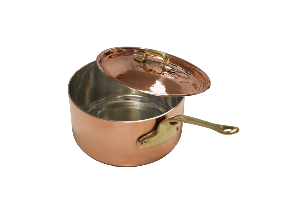 Pentola con Coperchio in Rame stagnato con manico Ottone Agritech Store